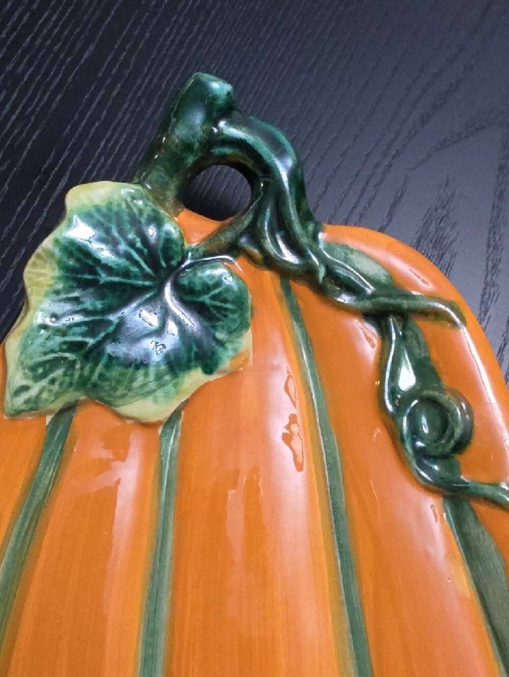 Festive Orange Ceramic Pumpkin Serving Platter with Green Accent - Picture 2 of 10